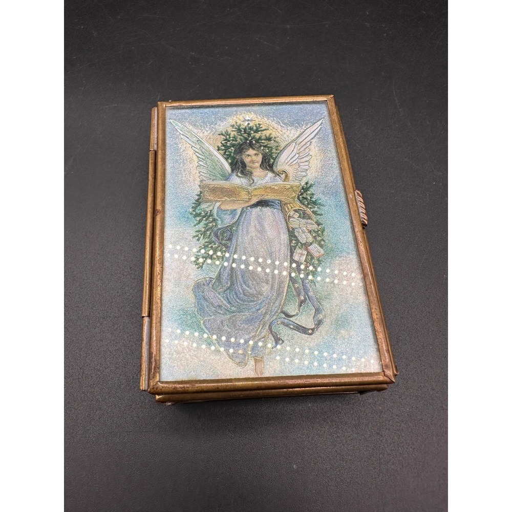Via Vermont Thomas Cathey Angel Trinket Box Brass Glass Purple Mirrored Vintage